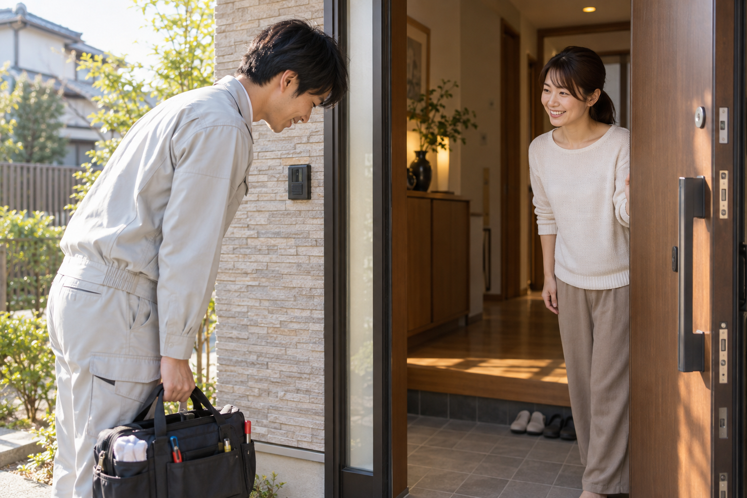 玄関先で女性と作業員が話しています