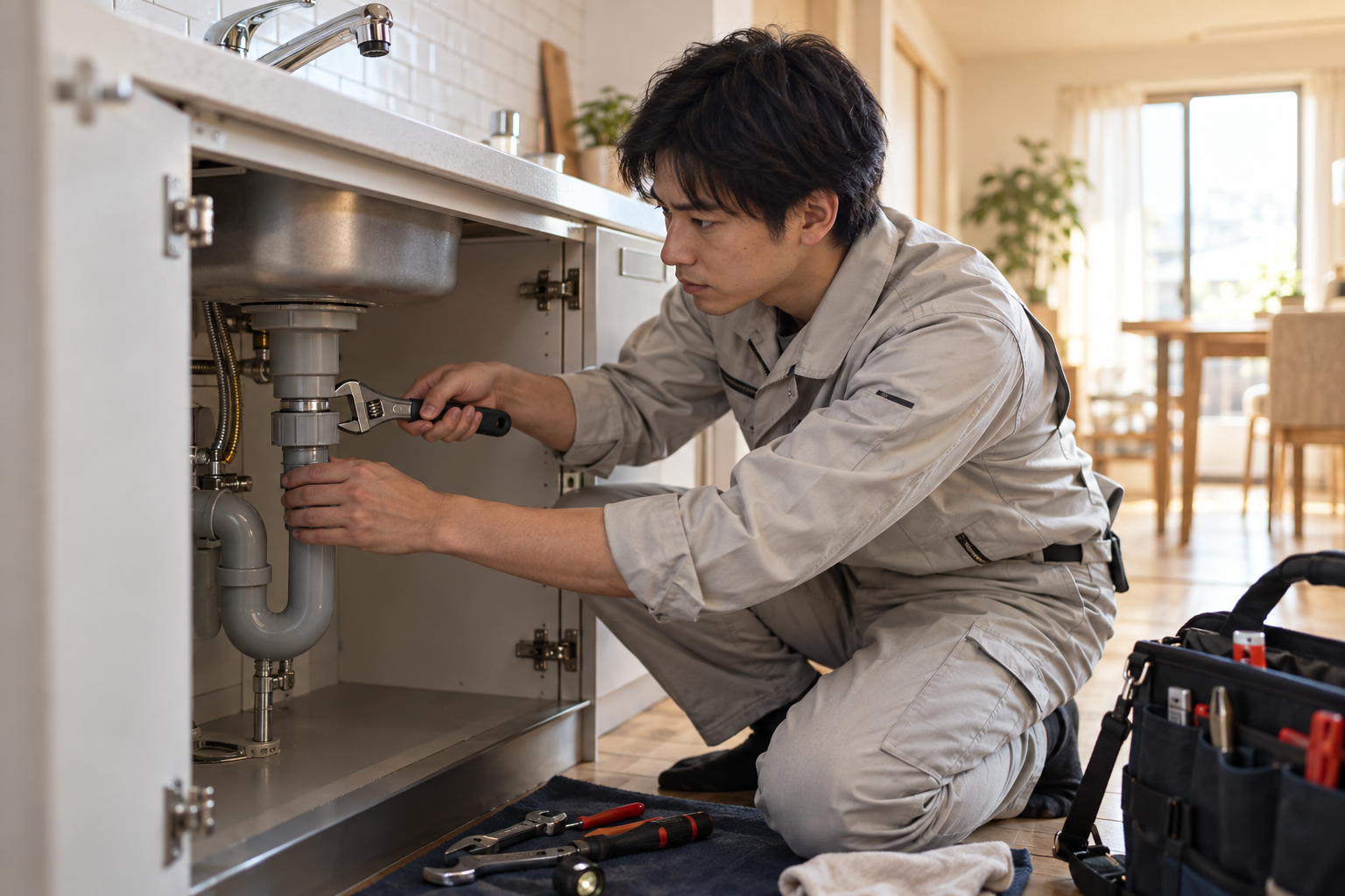 作業員が水トラブルを解決しています