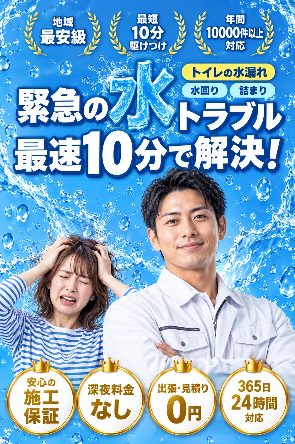 「地域最安級」「最短10分駆けつけ」「年間10000件以上対応」トイレの水漏れ・水回り・詰まり、緊急の水トラブル最速10分で解決！
