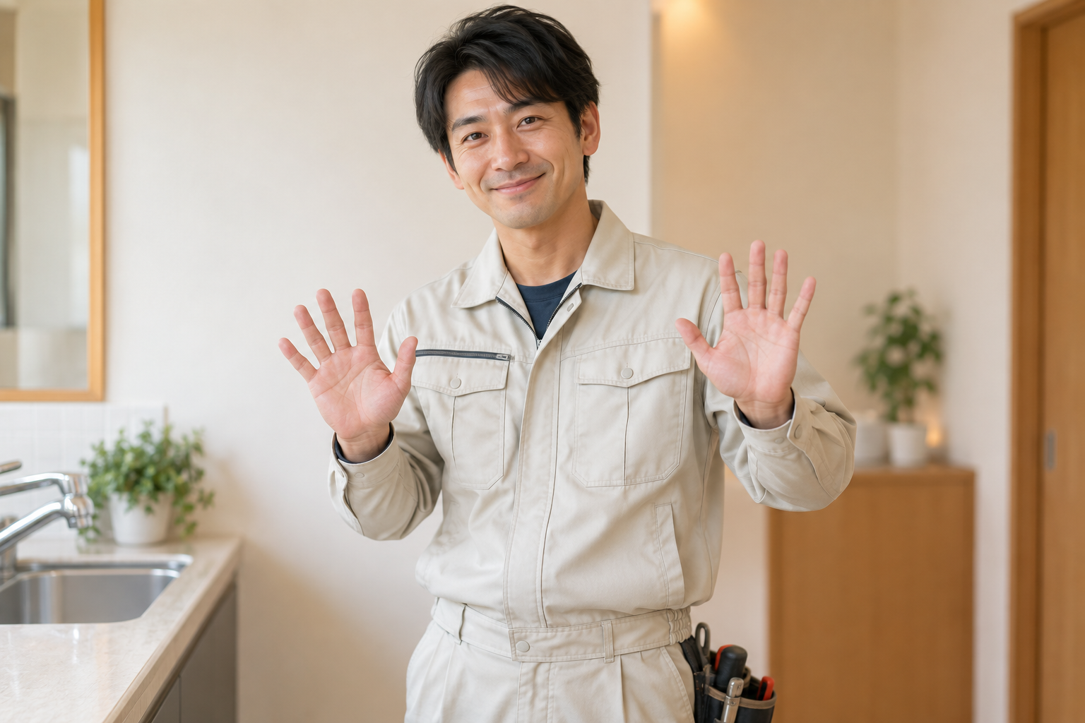 作業着を着た人物が両手を前に出していらないポーズをしています