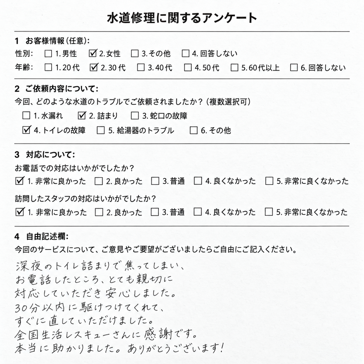 お客様実際に記載したアンケート用紙