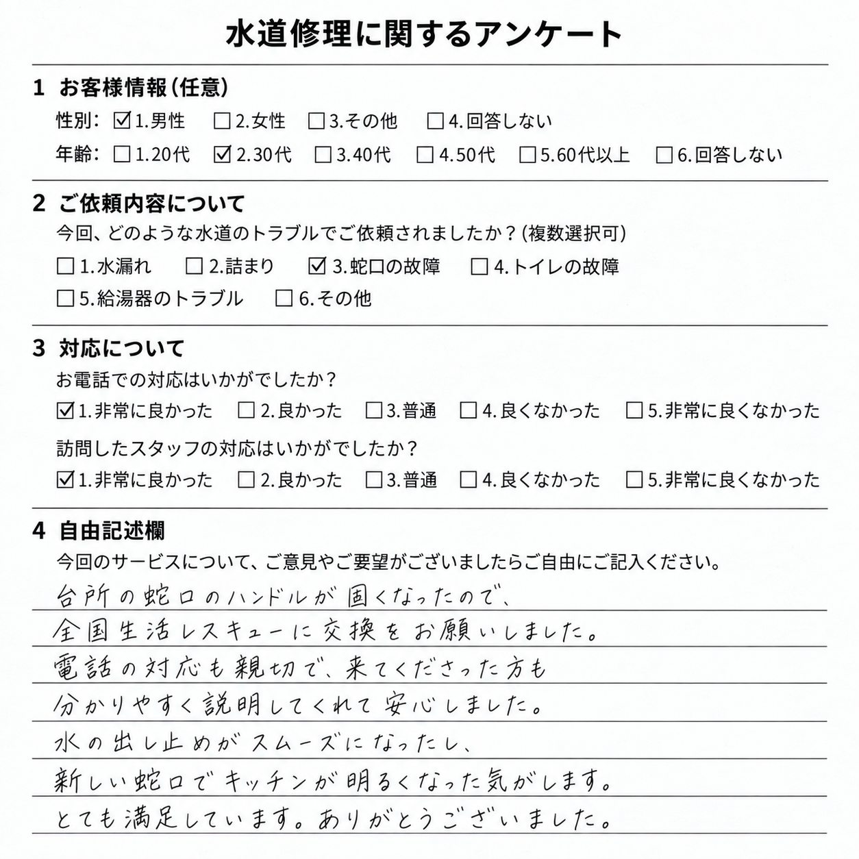 お客様実際に記載したアンケート用紙